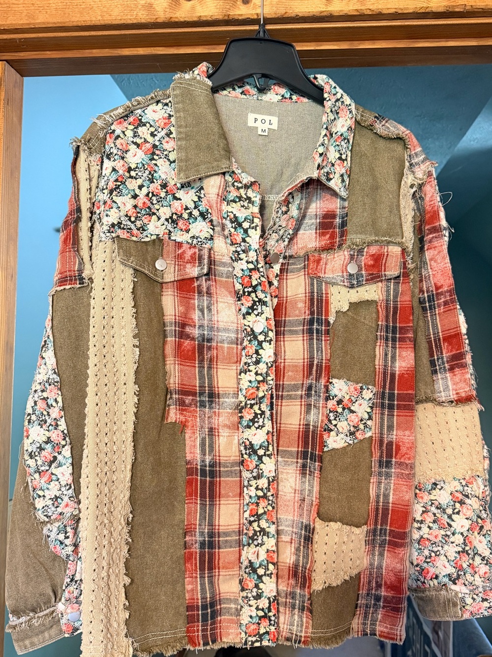 NWOT POL Mixed-Print Flannel Bleached Patchwork With Camo Design Jacket
